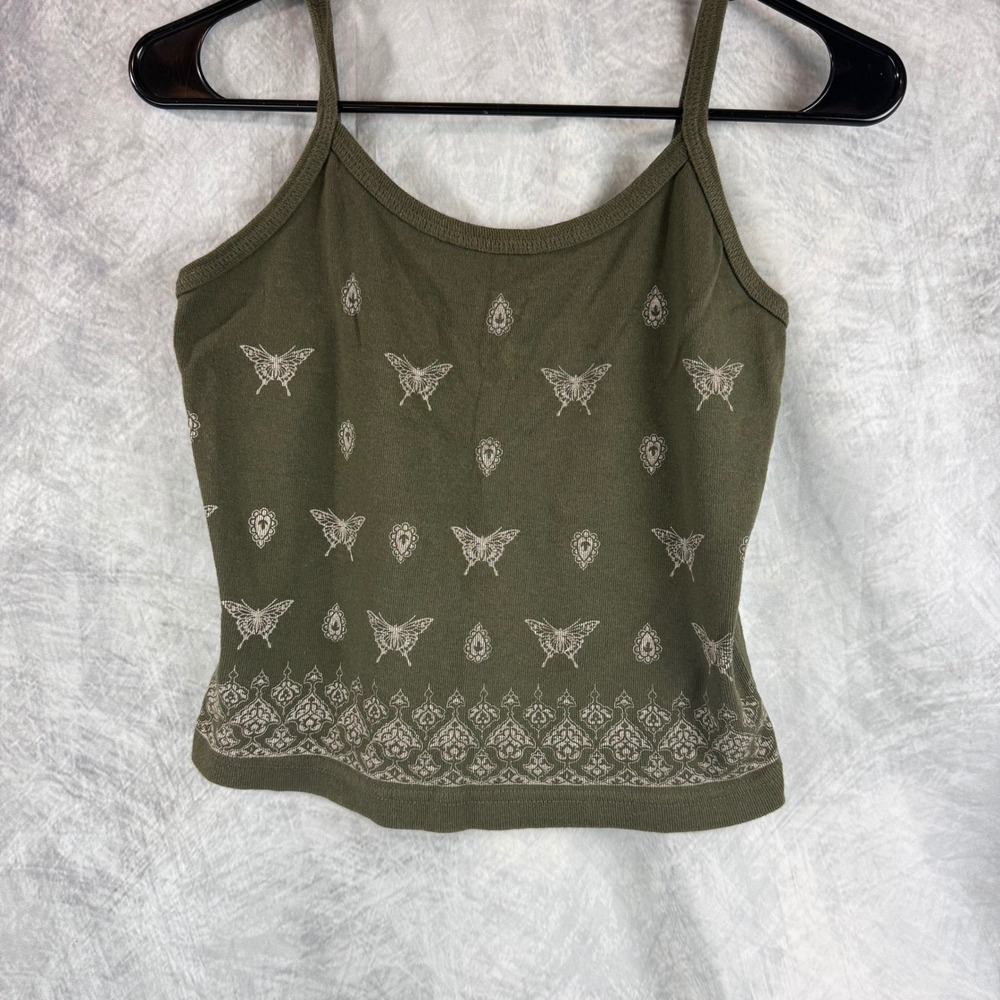 Vintage Y2K Butterfly Print Cami Top Olive Green Cotton Made in USA Large